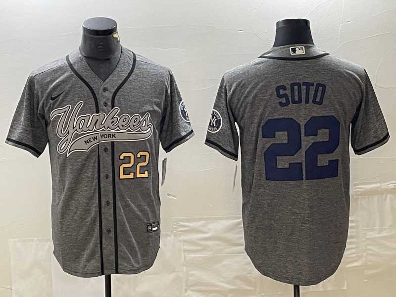 Mens New York Yankees #22 Juan Soto Number Grey Gridiron Cool Base Stitched Baseball Jersey